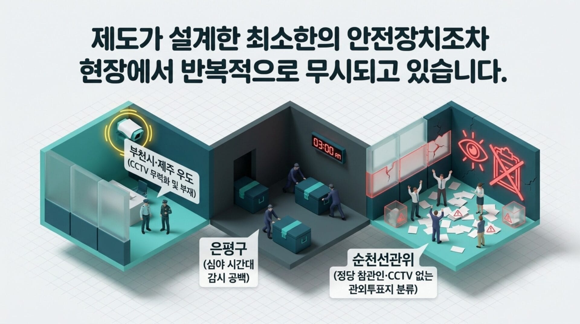 사전투표 폐지 국민청원 관련 이미지로, 안전 장치 부족과 관련된 문제를 시각적으로 표현. 부천시와 제주에서의 CCTV 무력화 및 부재, 심야 시간대 감시 공백, 정당 참여인과 CCTV 없는 관외 투표지 분류 상황을 나타냄.