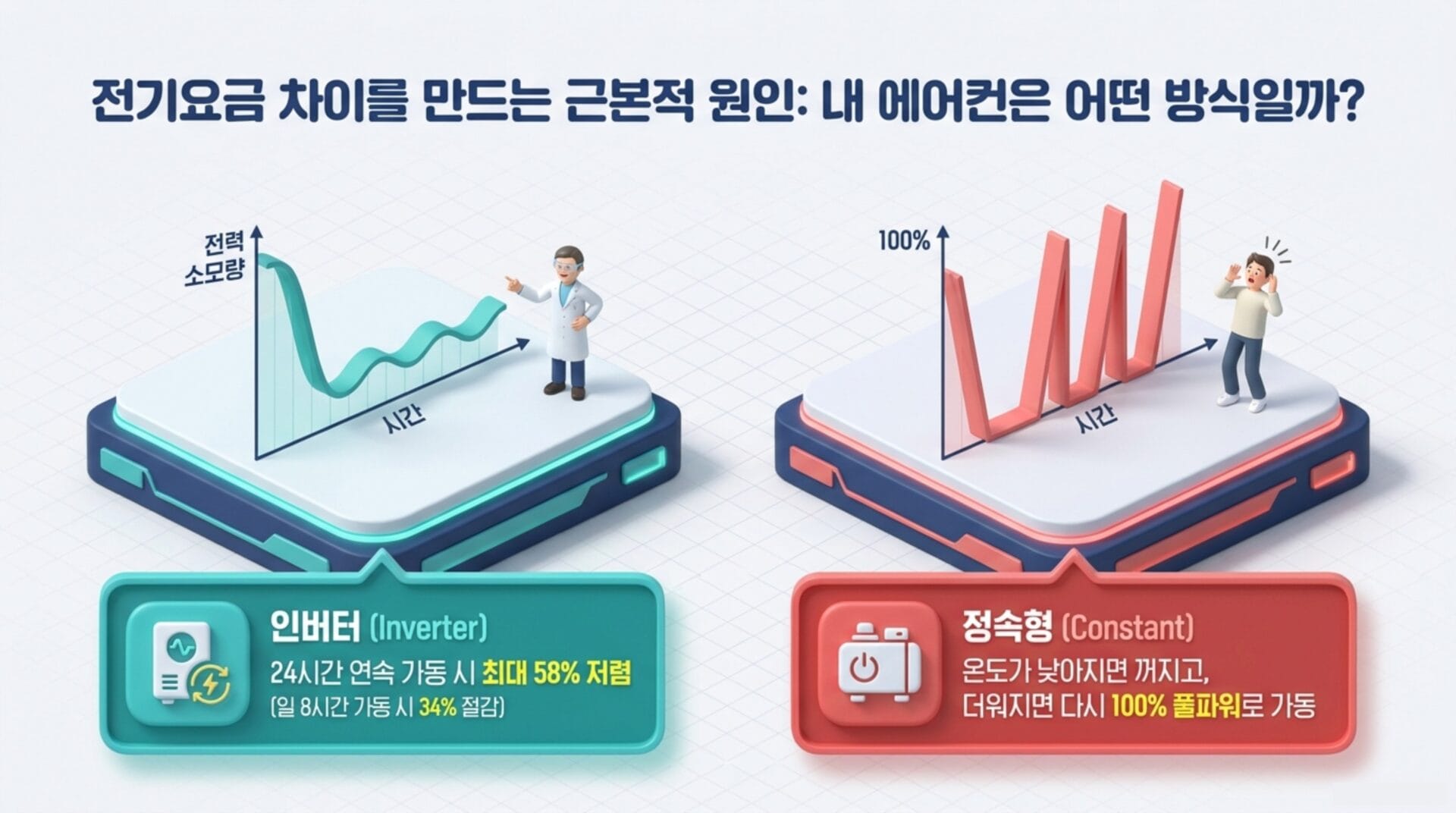 에어컨의 전기요금 차이를 설명하는 이미지로, 인버터 방식과 정속형의 효율성을 비교하고 있다. 인버터는 최대 58% 전력 절감이 가능하며, 정속형은 온도 변화에 따라 전력이 100%로 변동한다는 내용을 시각적으로 전달한다.
