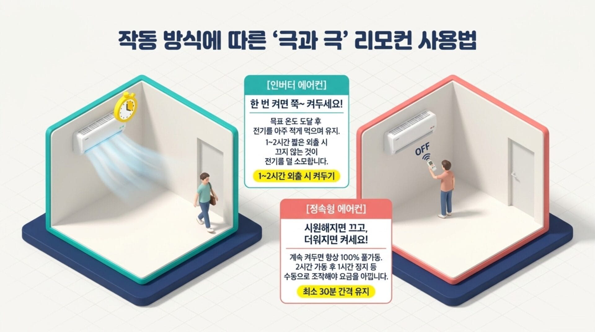 작동 방식에 따른 에어컨 사용법 설명 이미지. 인버터 에어컨은 외출 시 1~2시간 전까지 전원을 유지하고, 정속형 에어컨은 필요 시 꺼야 함을 강조.