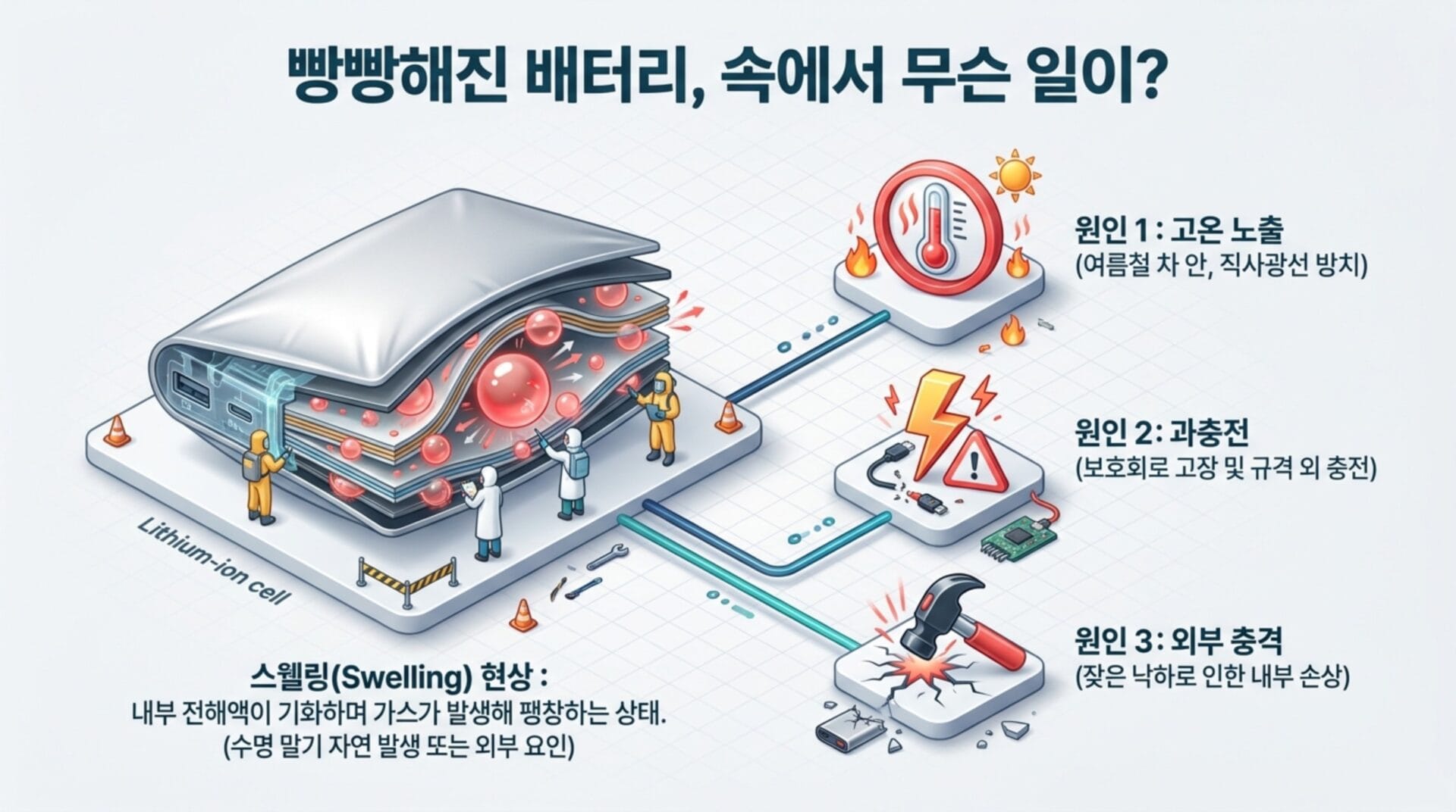 부풀어 오른 리튬 이온 배터리의 위험성과 내부에서 발생하는 스웰링, 과충전, 외부 충격에 대한 설명을 담은 인포그래픽.