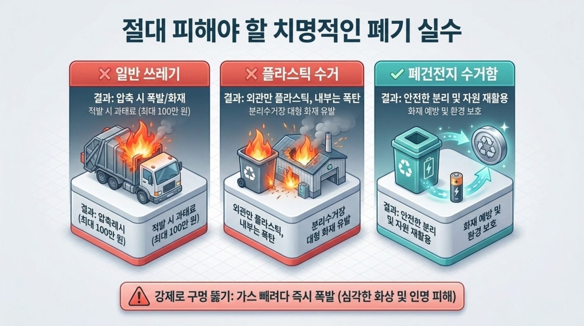 부풀어 오른 보조배터리의 안전한 폐기 방법을 설명하는 이미지로, 일반 쓰레기와 플라스틱 수거에 버릴 경우 발생할 수 있는 폭발과 화재 위험을 경고하며, 폐건전지는 안전하게 분리 배출하고 재활용해야 함을 강조하고 있습니다.