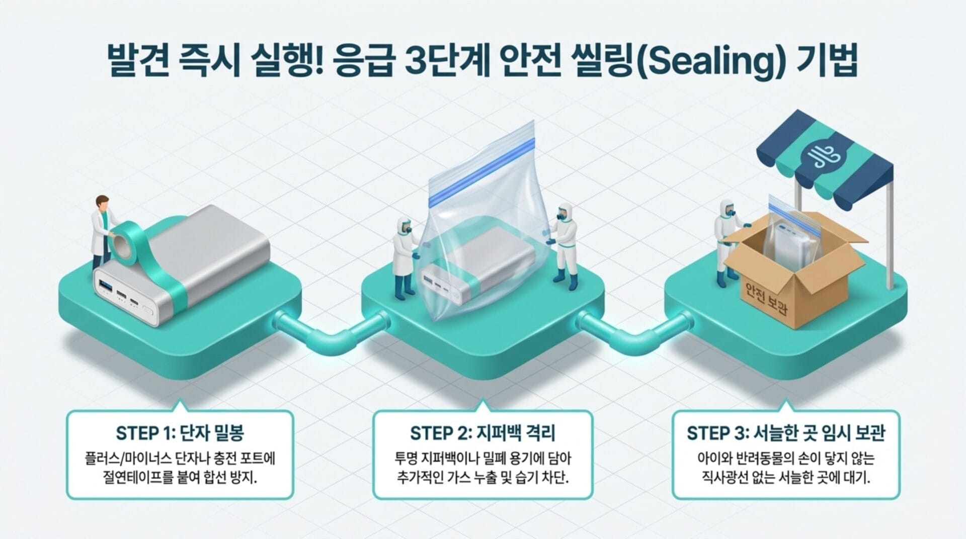부풀어 오른 보조배터리를 안전하게 처리하는 방법을 설명하는 이미지로, 3단계 안전 씰링 기법을 소개합니다. 단계별로 밀봉, 지퍼백 사용, 안전한 보관 장소에 두는 방법을 안내하고 있습니다.