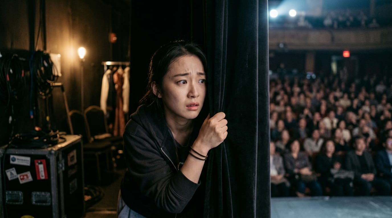 무대 뒤에서 긴장한 표정의 젊은 여성이 관객을 바라보며 커튼을 잡고 있는 모습, 무대 공포증을 주제로 한 콘텐츠와 관련된 이미지.