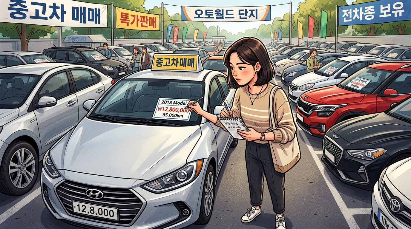 2026년 1,000만 원대 가성비 중고차 시세표와 관련된 이미지로, 중고차 판매 현장에서 차량 가격과 주행 거리를 확인하는 여성의 모습이 담겨 있습니다. 차량은 현대차 모델이며, 가격은 1,280만 원, 주행 거리는 65,000km로 표시되어 있습니다. 주변에는 다양한 중고차와 판매 안내 배너가 보입니다.