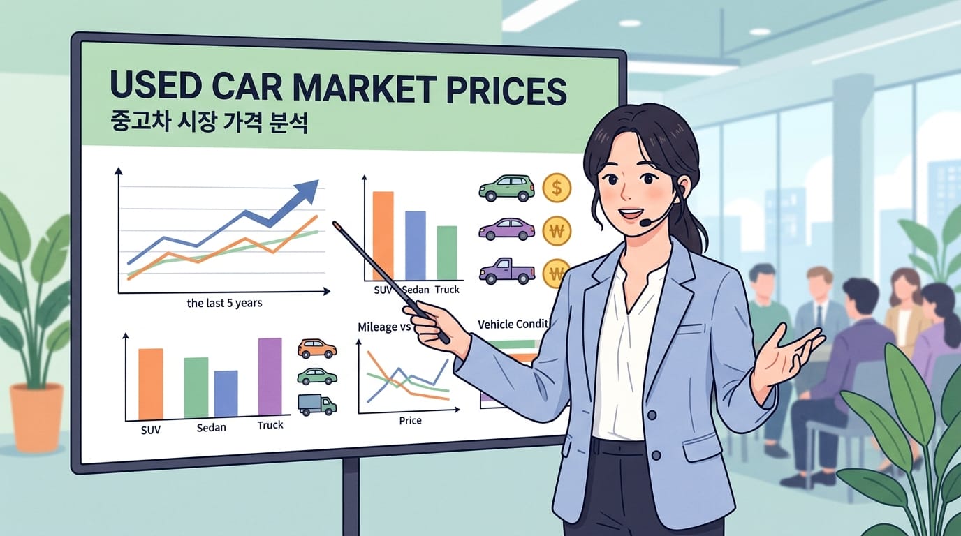 중고차 시장 가격 분석을 설명하는 발표자와 그래프가 있는 이미지. SUV, 세단, 트럭의 가격 동향과 주행 거리, 차량 상태의 관계를 시각적으로 나타냄.