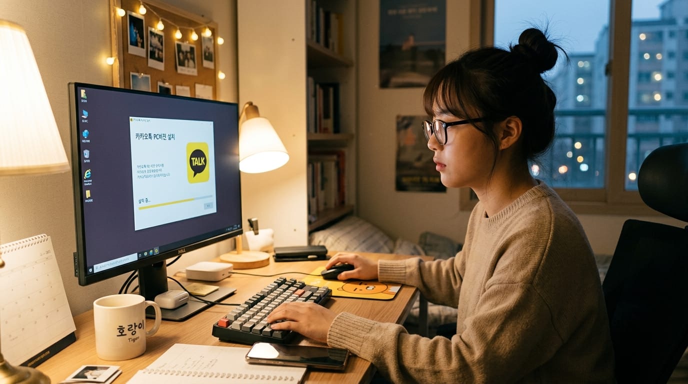 PC에서 카카오톡 설치 중인 여성, 모니터에 설치 진행 화면이 표시되어 있으며, 책상에는 커피컵과 키보드, 마우스가 놓여 있음.