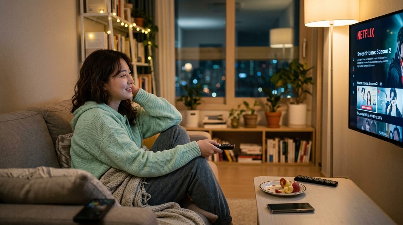 편안한 거실에서 넷플릭스를 시청하는 여성, 소파에 앉아 리모컨을 들고 있으며, 옆에는 간단한 스낵이 놓인 테이블이 있는 모습.