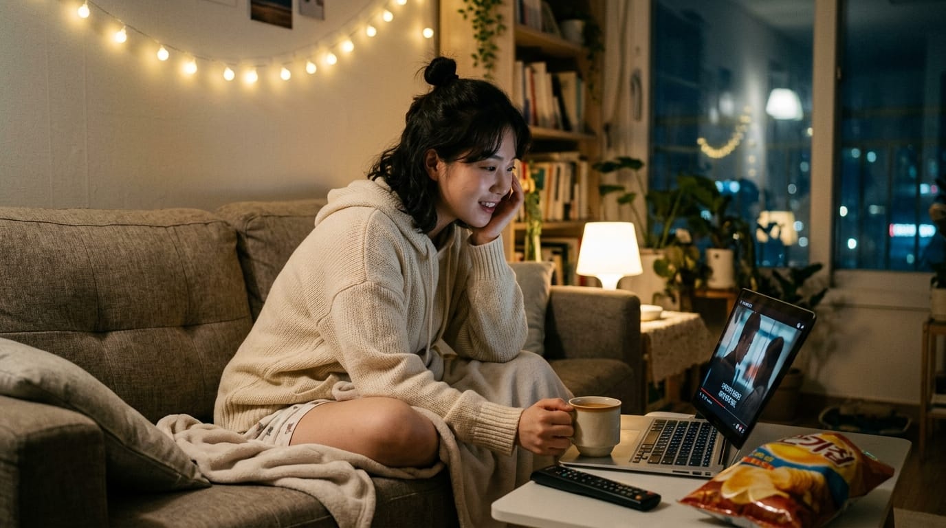 편안한 소파에 앉아 노트북으로 영화를 감상하며 커피를 마시는 여성, 저녁 시간의 아늑한 분위기와 함께 간식으로 감자칩이 놓여 있는 모습.