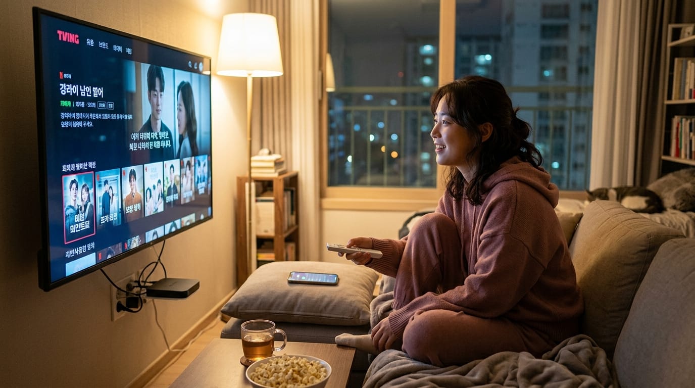 편안한 복장을 한 여성이 TV 앞에서 스트리밍 서비스를 이용하며 즐거운 시간을 보내고 있는 모습. 배경에는 도시의 야경이 보이며, 소파 옆에는 간식과 음료가 놓여 있다.