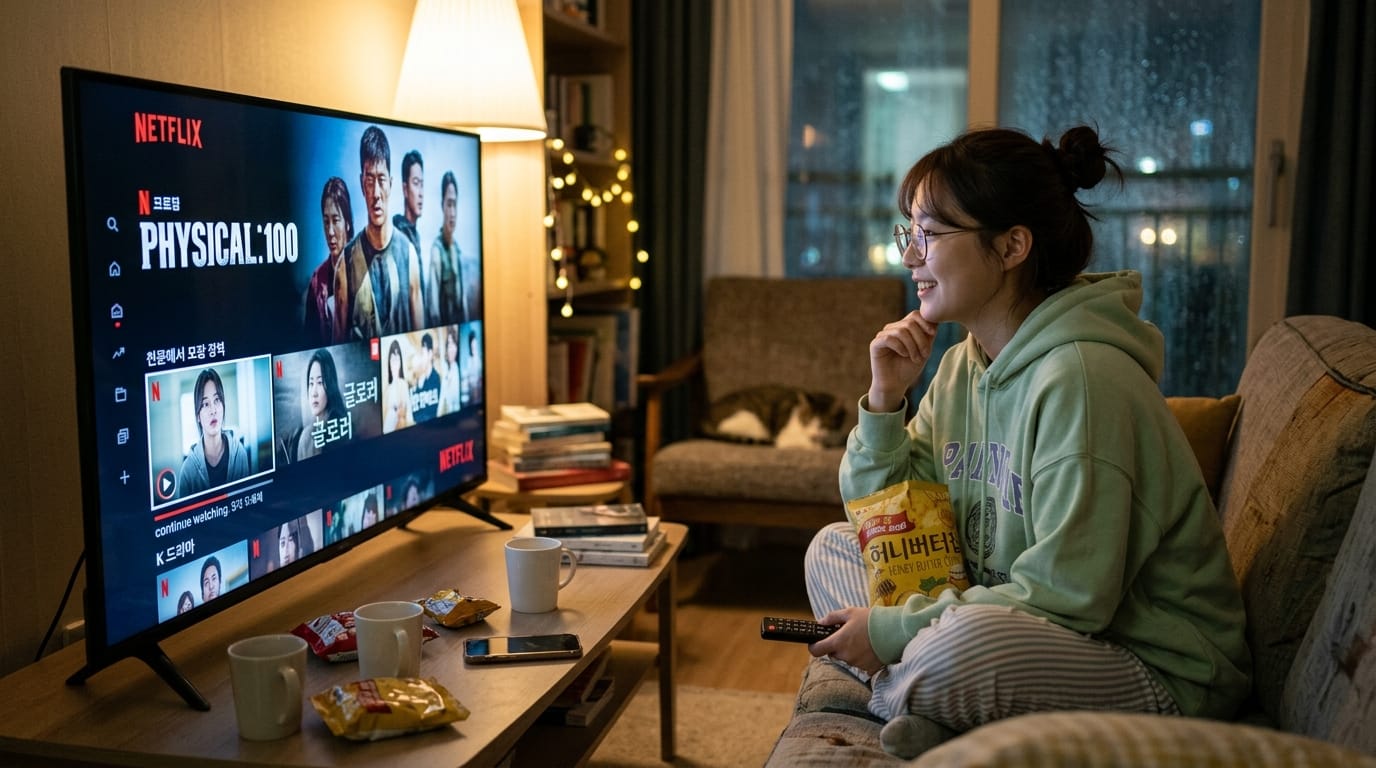 넷플릭스에서 'PHYSICAL:100'을 시청하는 여성, 간식과 음료가 놓인 테이블에서 편안하게 TV를 즐기는 모습.