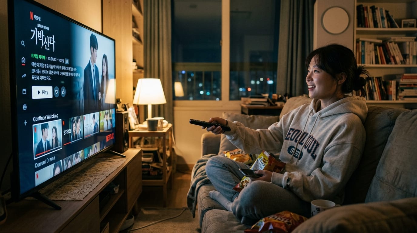 넷플릭스에서 드라마를 시청하는 여성, 소파에 앉아 간식을 먹으며 리모컨을 들고 있는 모습. 배경에는 따뜻한 조명이 있는 거실과 책장이 보임. "티비위키, 누누티비 접속 차단 시 대체 가능한 OTT 요금제 할인" 페이지와 관련된 이미지.