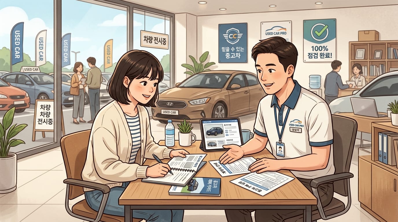 중고차 매장 내에서 상담 중인 여성 고객과 남성 직원의 모습. 테이블 위에는 차량 시세표와 관련 자료가 있으며, 배경에는 다양한 중고차와 'USED CAR' 배너가 보임. 2026년 1,000만 원대 가성비 중고차에 대한 정보를 제공하는 장면.