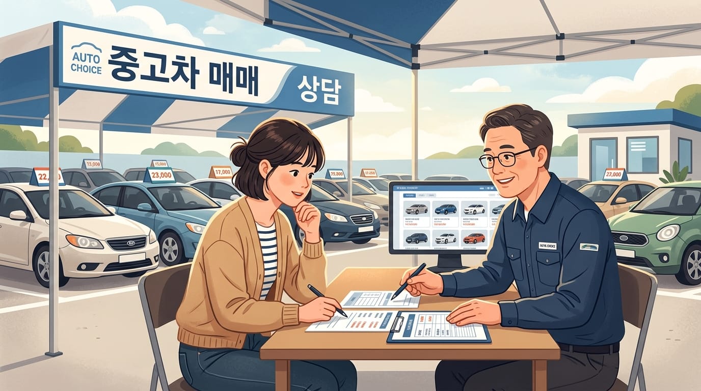 중고차 매매 상담을 받는 고객과 상담원의 모습, 배경에는 다양한 중고차가 진열되어 있는 모습이 보이는 이미지. 2026년 가성비 중고차 시세표와 관련된 정보 제공.