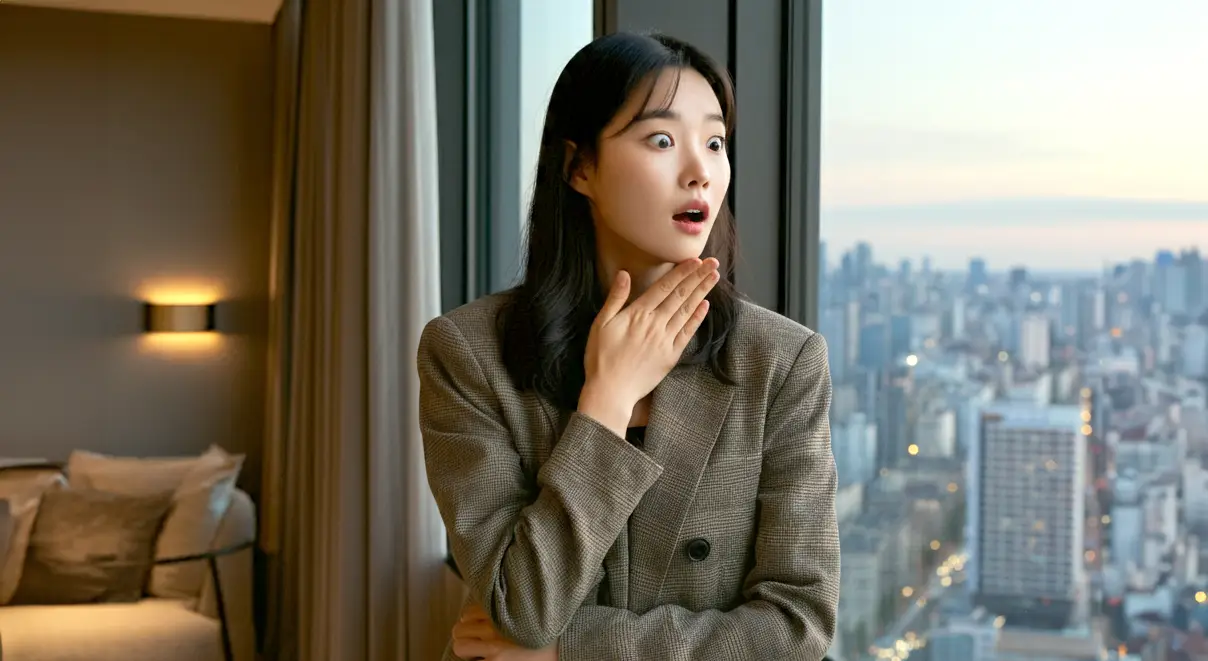 창가에 서 있는 놀라는 표정의 여성