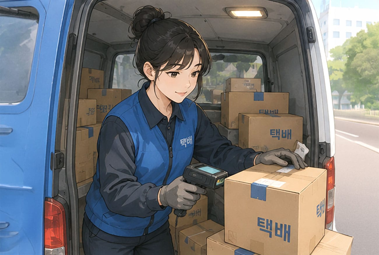 택배 차량에서 소포를 스캔하고 있는 여성 택배 기사 모습, 배경에 포장된 택배 상자들이 보이며, 택배 배송 정보와 관련된 이미지.