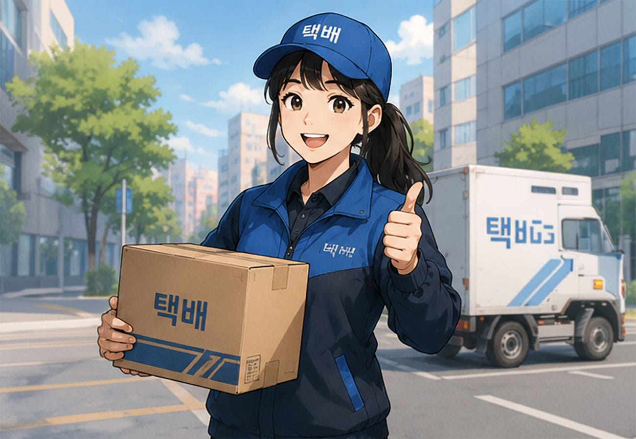 택배 상자를 들고 웃으며 엄지손가락을 치켜든 택배 직원의 이미지, 배경에 택배 차량이 보이며 도시 거리 풍경이 담겨 있음. 2026년 8월 14일 택배 없는 날 관련 정보와 연결됨.