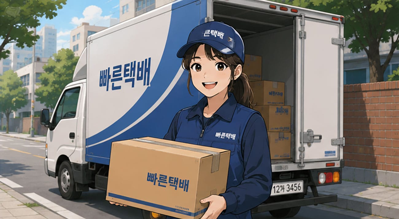 빠른택배 직원이 택배 상자를 들고 있는 모습, 배경에는 택배 차량과 도시 풍경이 보이며, 2026년 8월 14일 택배 없는 날 관련 정보와 연관된 이미지.