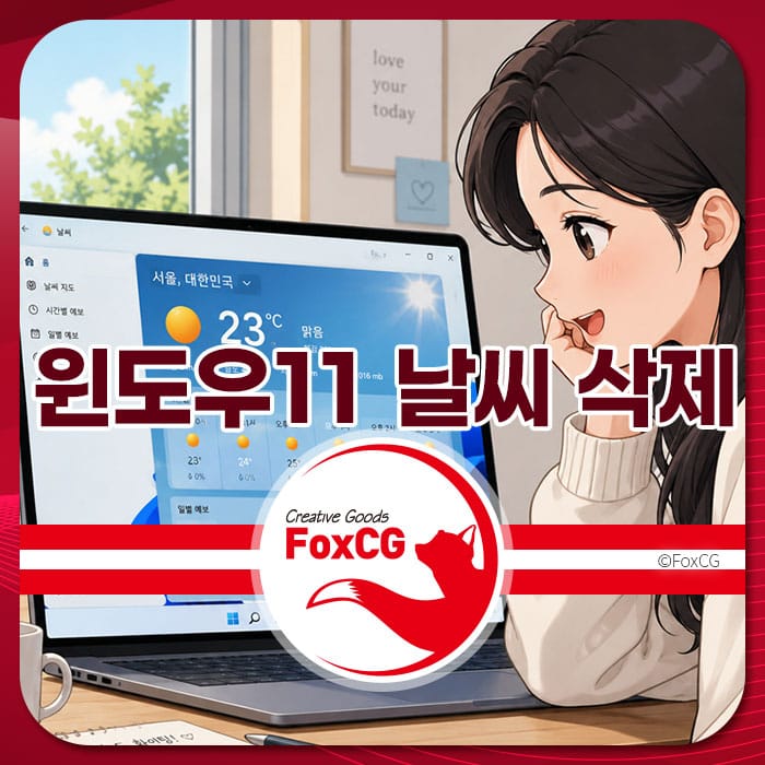 윈도우11 날씨 위젯 삭제 방법을 설명하는 이미지로, 사용자가 날씨 정보를 확인하는 모습과 함께 관련된 텍스트가 포함되어 있다.