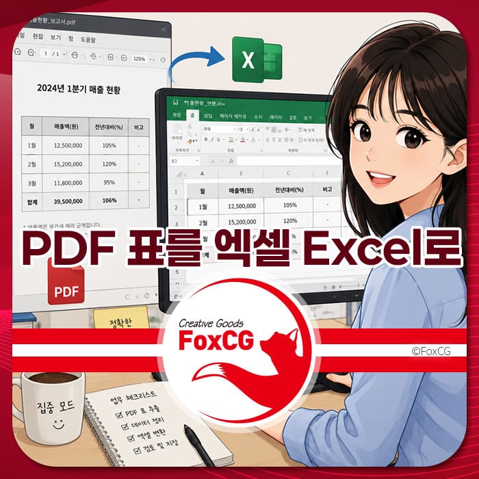 PDF 파일에서 Excel로 데이터를 가져오는 방법을 설명하는 이미지로, PDF와 Excel 인터페이스가 나란히 표시되어 있으며, 사용자 친화적인 디자인과 함께 정보를 쉽게 전달하고 있습니다.