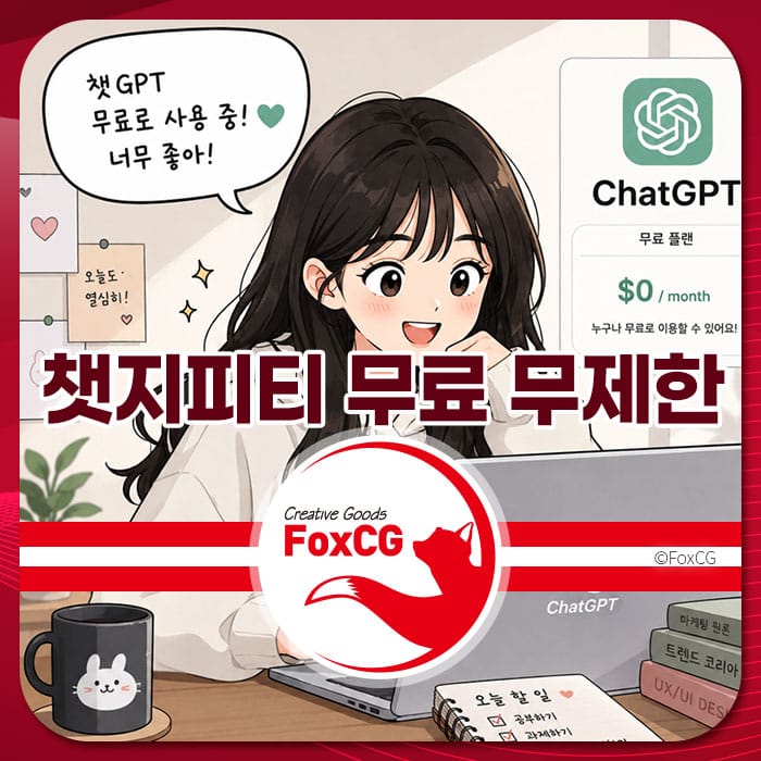 챗GPT 무료 사용 중인 여성 캐릭터가 컴퓨터 앞에서 기뻐하는 모습, 무료 플랜에 대한 정보와 함께 "챗GPT 무료 무제한" 텍스트가 포함된 이미지.