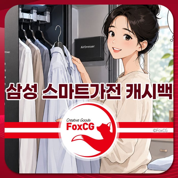 삼성 스마트가전의 AirDresser 앞에서 옷을 정리하는 여성의 모습, 한전 전기요금 캐시백 신청 방법 안내를 위한 이미지.