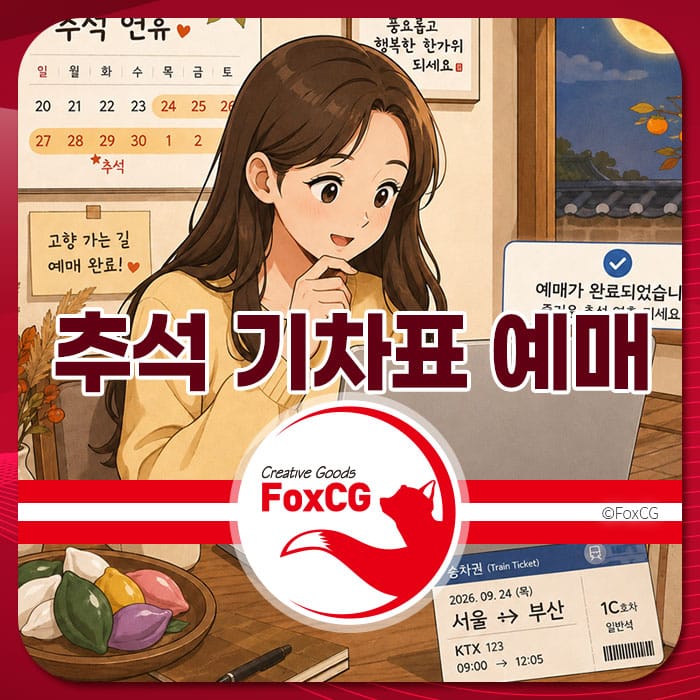 추석 기차표 예매를 준비하는 여성의 일러스트, 배경에는 달력과 기차표가 보이며, 예매 완료 메시지와 다양한 전통 음식들이 놓여 있는 모습. 2026년 추석 기차표 예매 일정 관련 정보 제공.