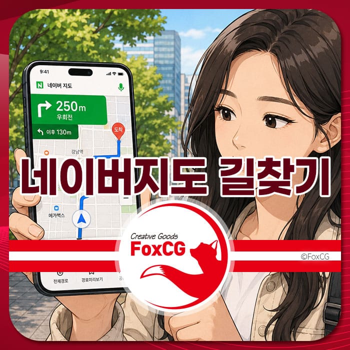 네이버 지도에서 길찾기를 사용하는 여성의 이미지, 스마트폰 화면에 길 안내 정보가 표시됨. 거리뷰와 로드뷰 기능 강조.
