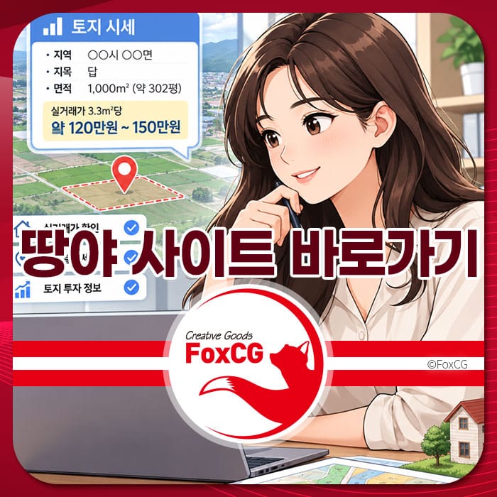 땅야 사이트 바로가기 이미지, 토지 시세 및 매물 정보를 제공하는 웹사이트를 홍보하는 애니메이션 캐릭터가 등장. 화면에는 지역, 지목, 면적, 실거래가 등의 정보가 표시되어 있음.