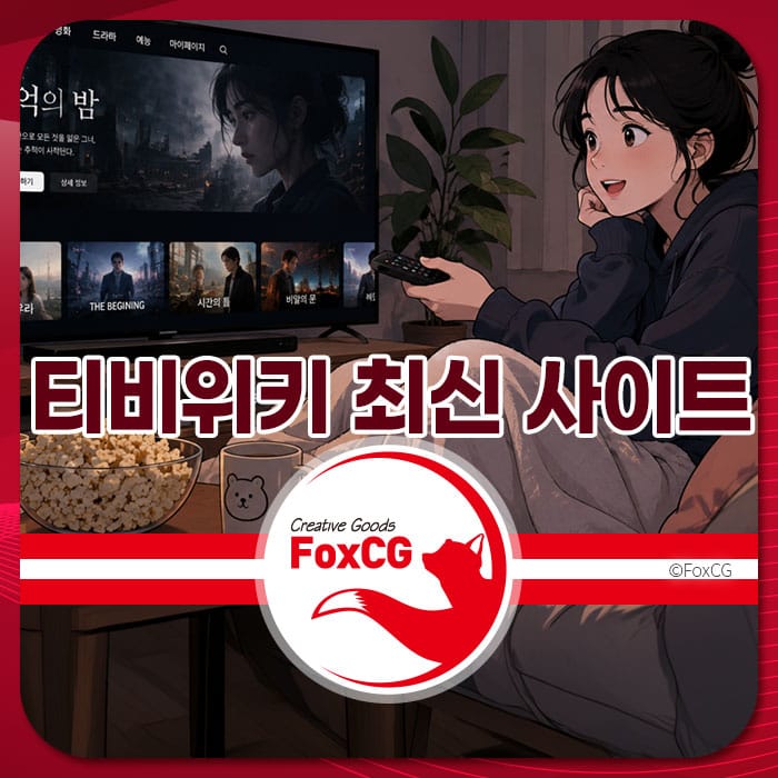 티비위키 최신 사이트 주소 링크를 소개하는 이미지, 소파에 앉아 TV를 시청하며 리모컨을 들고 있는 여성과 팝콘이 있는 테이블이 포함됨.