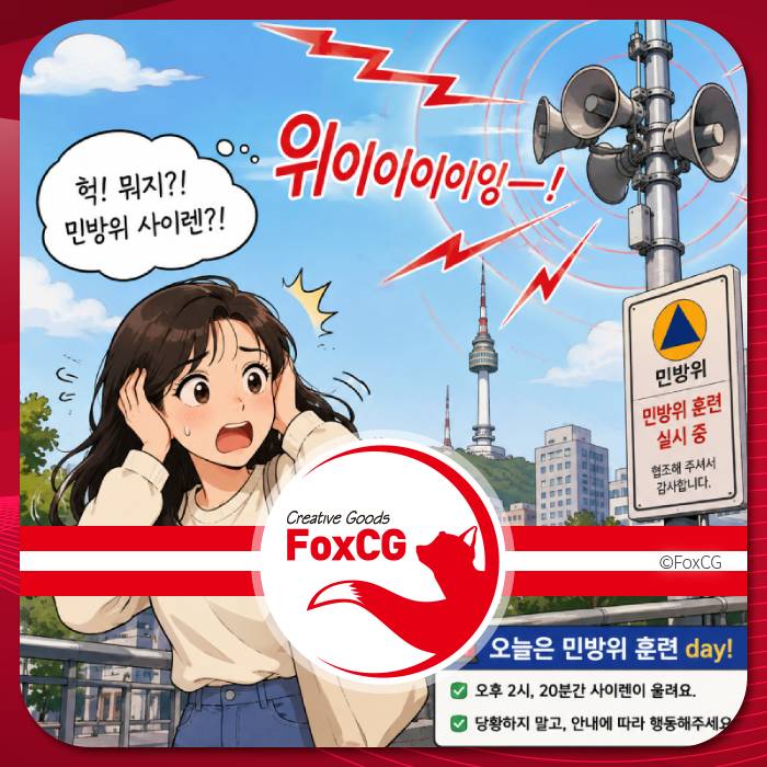 민방위 훈련을 알리는 사이렌 소리에 놀란 여성 캐릭터가 등장하는 만화 스타일의 이미지, 배경에는 서울 타워와 민방위 훈련 안내 표지판이 보임.