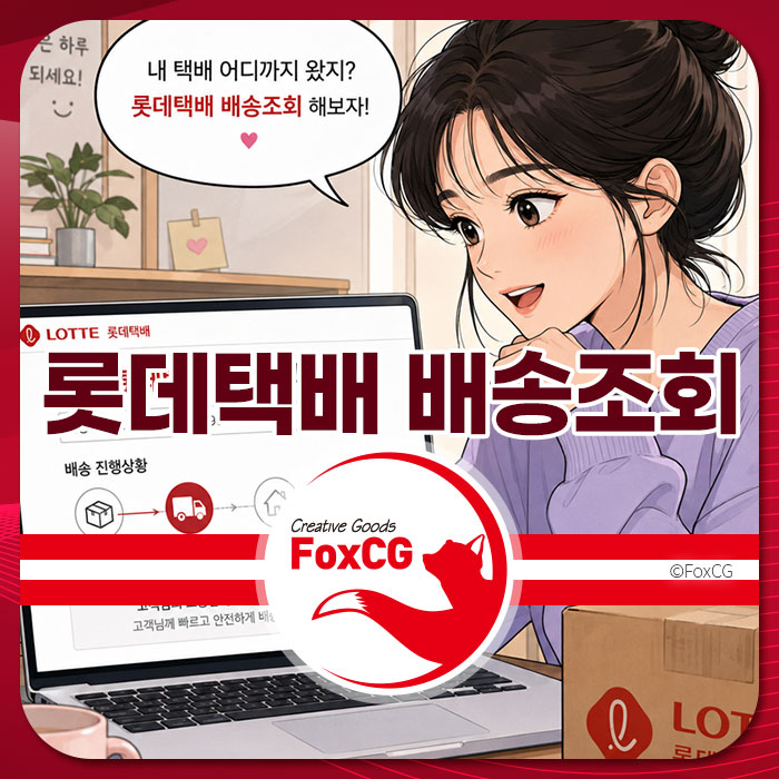 롯데택배 배송조회 화면을 보고 있는 여성의 모습, 배달 상태를 확인하는 모습과 함께 "롯데택배 배송조회 해보자!"라는 문구가 포함된 이미지.