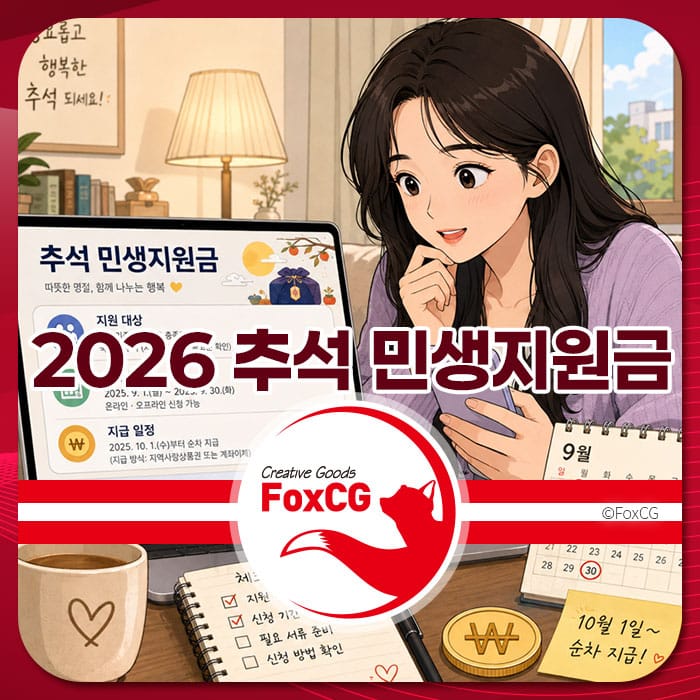2026 추석 민생지원금 관련 정보를 담고 있는 이미지로, 여성 캐릭터가 컴퓨터 화면을 보며 지원 대상과 지급일을 확인하는 모습. 배경에는 월간 달력이 있고, 다양한 지원 내용이 포함된 서류가 놓여 있음.