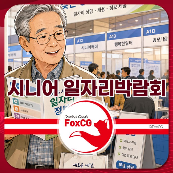 2026 서울시 시니어 일자리박람회에서 참가자를 안내하는 노인 남성의 모습, 배경에는 다양한 채용 정보와 상담 부스가 있는 장면.