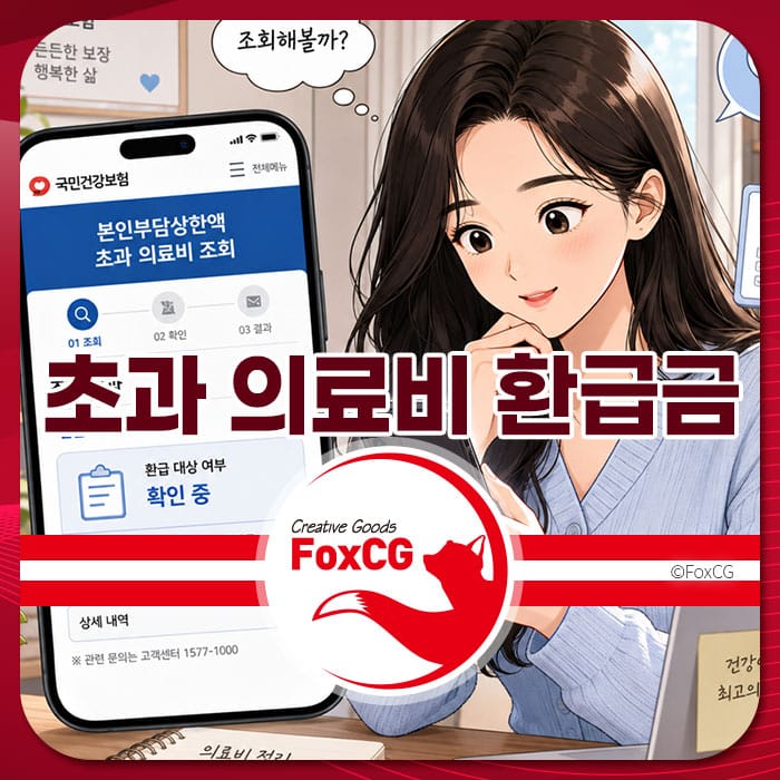 2026 본인부담상한액 초과 의료비 환급금 조회 및 신청을 안내하는 이미지. 스마트폰 화면에 의료비 환급금 조회 서비스가 표시되어 있으며, 사용자와의 상호작용을 강조.
