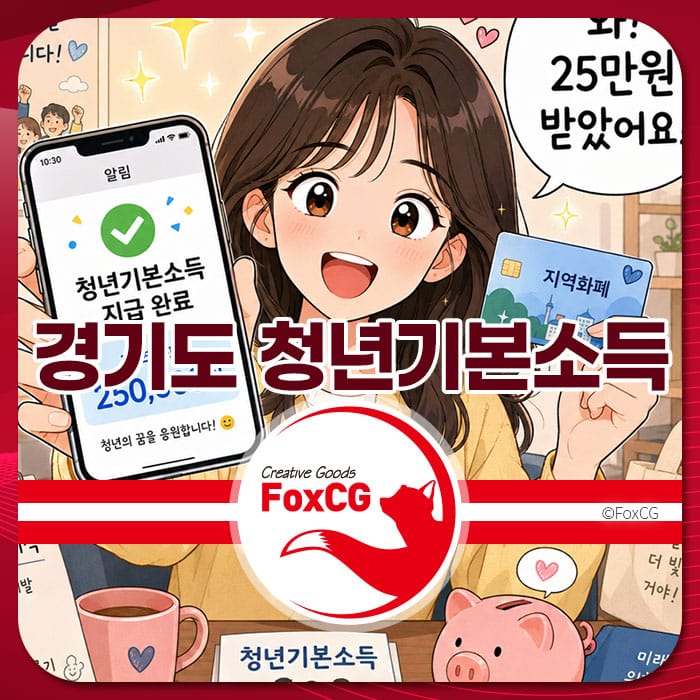 경기도 청년기본소득 신청과 관련된 정보를 담고 있는 이미지로, 청년이 스마트폰으로 지급 완료 알림을 확인하고 기뻐하는 모습이 담겨 있습니다. 청년기본소득의 금액과 관련된 내용이 강조되어 있습니다.