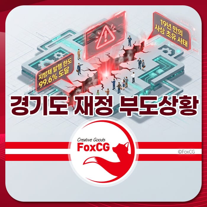 경기도 재정 부도상황을 나타내는 이미지로, 19년 만의 심각한 재정 위기를 강조하며, 지방채 발행 비율이 99.6%에 달하는 내용을 시각적으로 표현하고 있습니다.
