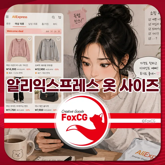 알리익스프레스에서 여성 의류를 쇼핑하는 모습, 다양한 옷 사이즈와 가격 정보가 표시된 화면을 보고 있는 젊은 여성.
