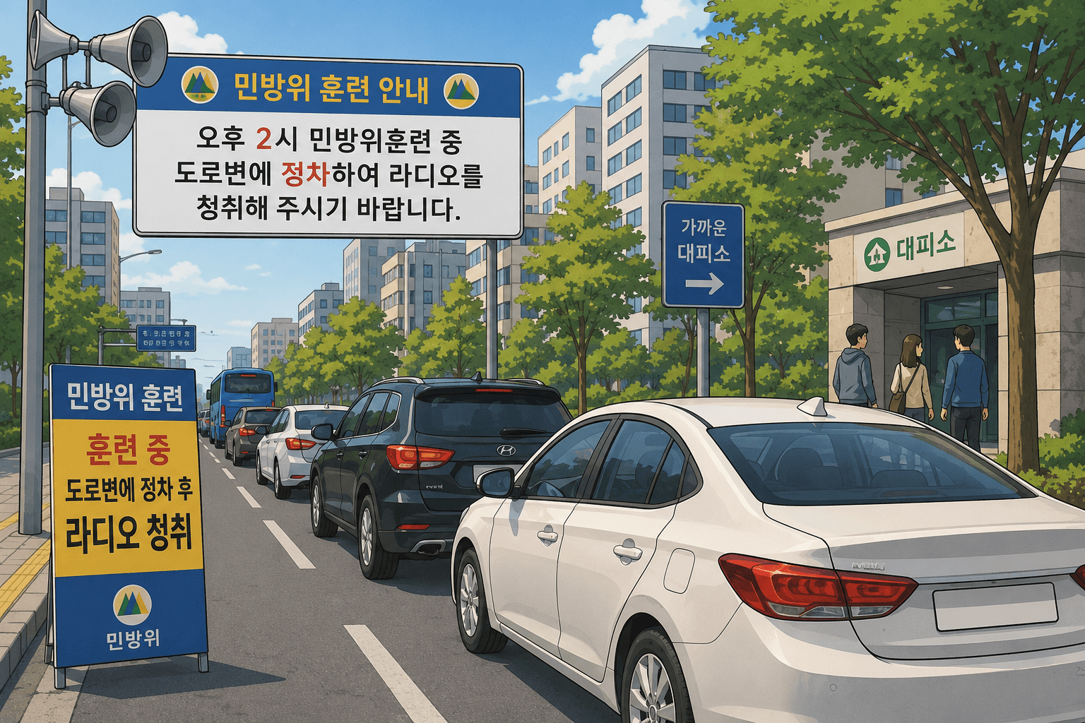 민방위 훈련 안내를 위한 도로변의 교통 상황을 보여주는 이미지, 차량들이 정차 중이며, 훈련 관련 안내판과 대피소 표지가 보임.