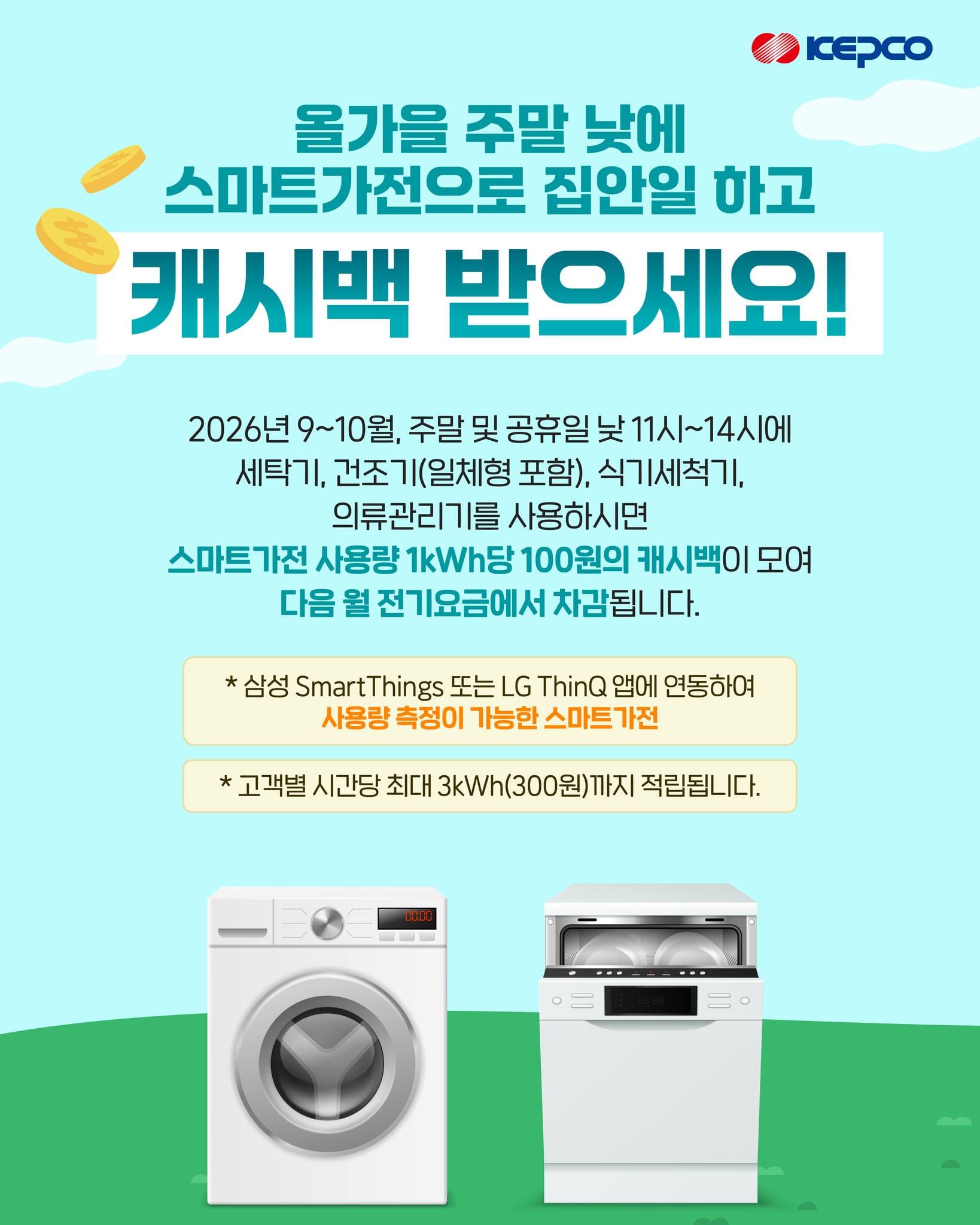 스마트가전 사용으로 캐시백 혜택을 안내하는 이미지, 2026년 9-10월 동안 주말 및 공휴일 특정 시간에 1kWh당 100원의 캐시백 제공. 삼성 SmartThings 또는 LG ThinQ 앱 연동 가능, 최대 3kWh(300원)까지 적립.