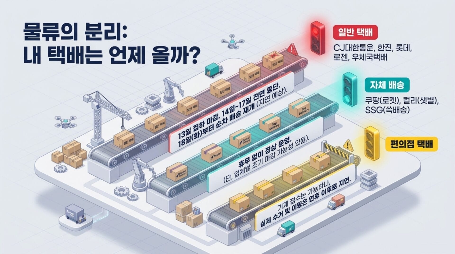 물류 분류 시스템을 보여주는 이미지로, 일반 택배, 자체 배송, 편의점 택배의 운영 방식과 배송 일정이 시각적으로 설명되어 있습니다. 2026 광복절 대체공휴일에 따른 배송 일정과 운영 정보를 포함하고 있습니다.