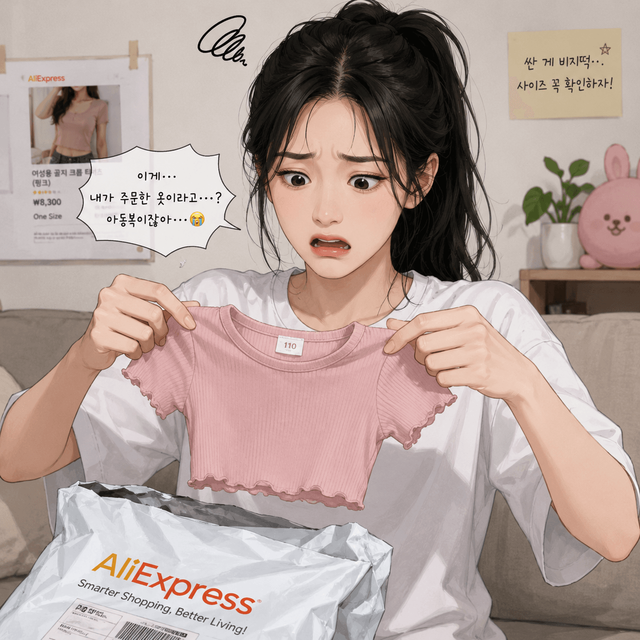 알리익스프레스에서 주문한 옷을 확인하며 당황한 여성의 모습, 핑크색 티셔츠를 들고 사이즈에 대한 혼란을 표현하고 있음.