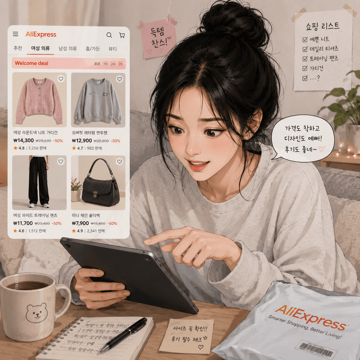 알리익스프레스에서 여성 의류를 쇼핑하는 젊은 여성, 태블릿 화면에 다양한 옷과 가격이 표시되어 있으며, 커피와 쇼핑 리스트가 있는 테이블에 앉아 있습니다.