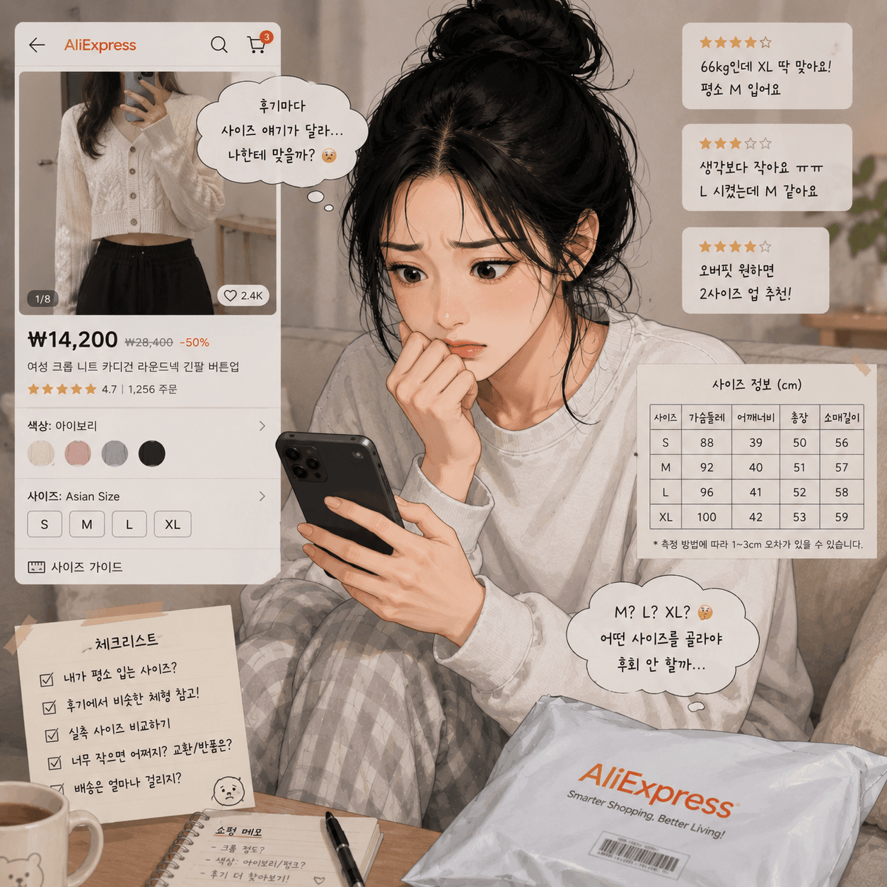 알리익스프레스에서 여성 의류 구매 시 사이즈 고민 중인 여성, 화면에는 옷 정보와 사이즈 가이드가 표시되어 있음. 사이즈 선택에 대한 고민과 리뷰도 함께 담겨 있어 해외 직구 쇼핑을 위한 유용한 정보 제공.