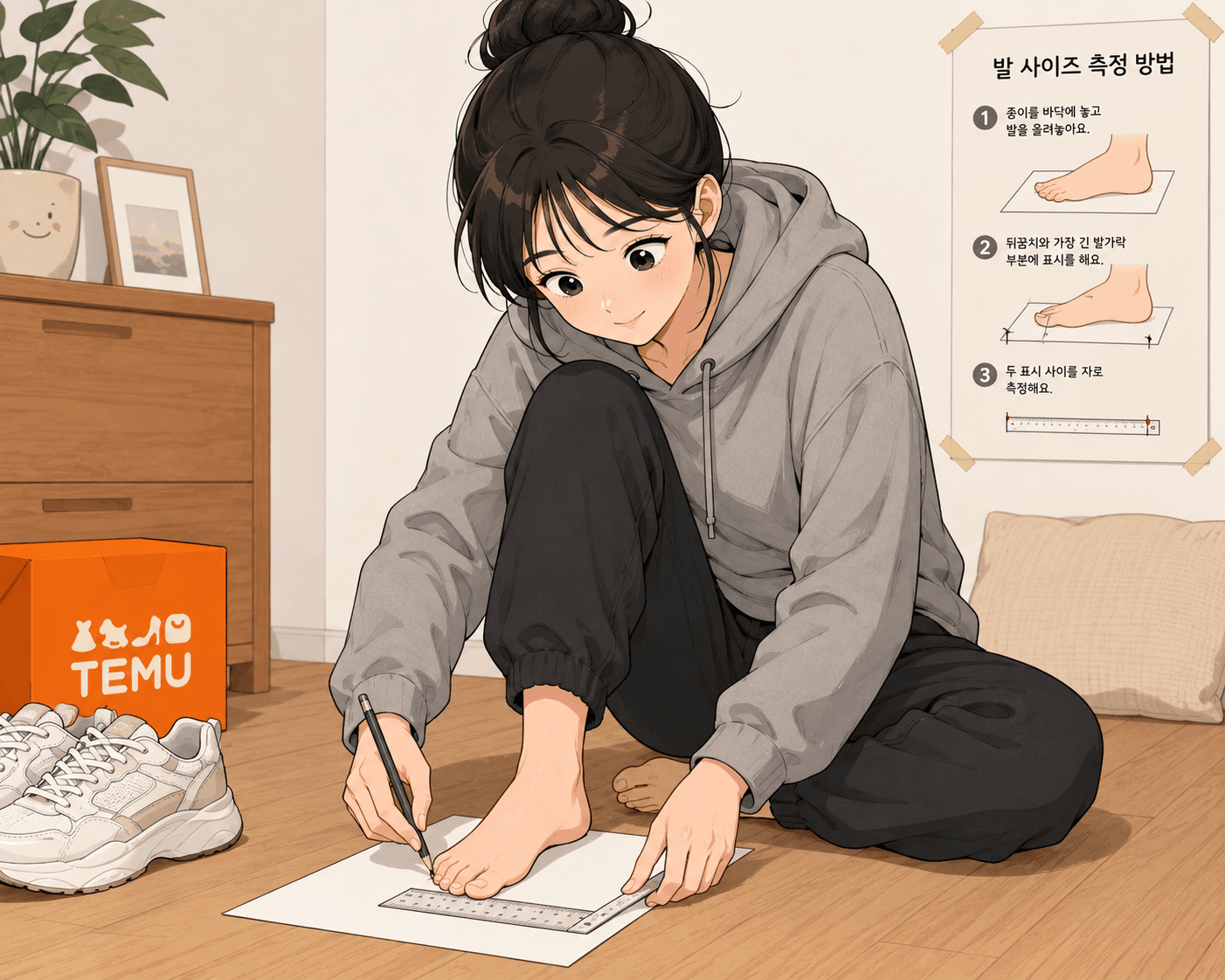 테무 신발 사이즈 측정 방법을 설명하는 이미지로, 한 여성이 종이에 발 크기를 측정하고 있는 모습. 배경에는 테무 박스와 신발이 있으며, 벽에는 측정 방법이 적힌 설명서가 붙어있음.