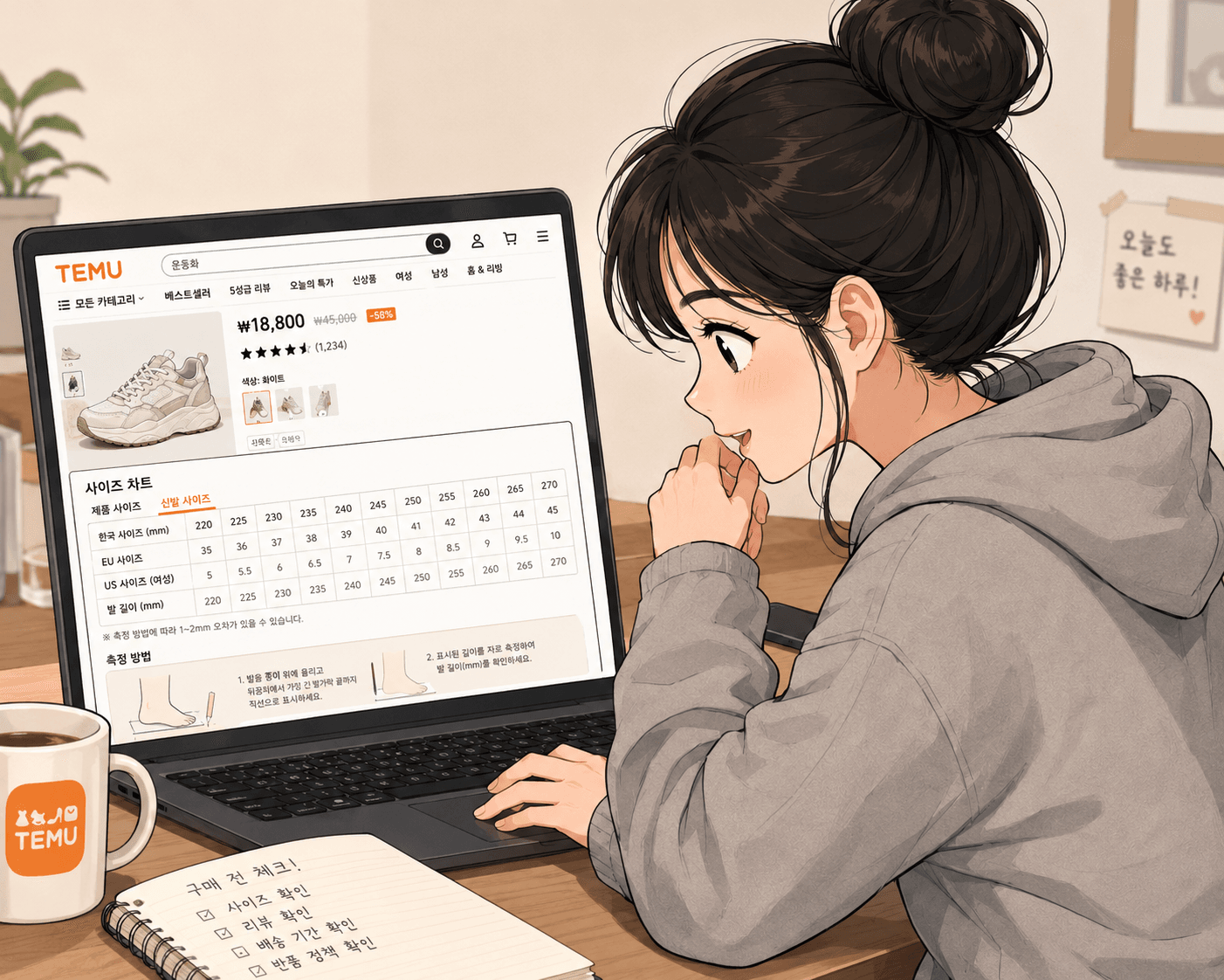 테무 웹사이트에서 신발 사이즈 차트를 확인하며 고민하는 여성의 모습. 화면에는 한국, EU, US 신발 사이즈 변환표와 가격 정보가 표시되어 있음. 배경에는 커피 컵과 메모장이 놓여 있어 일상적인 분위기를 자아냄.