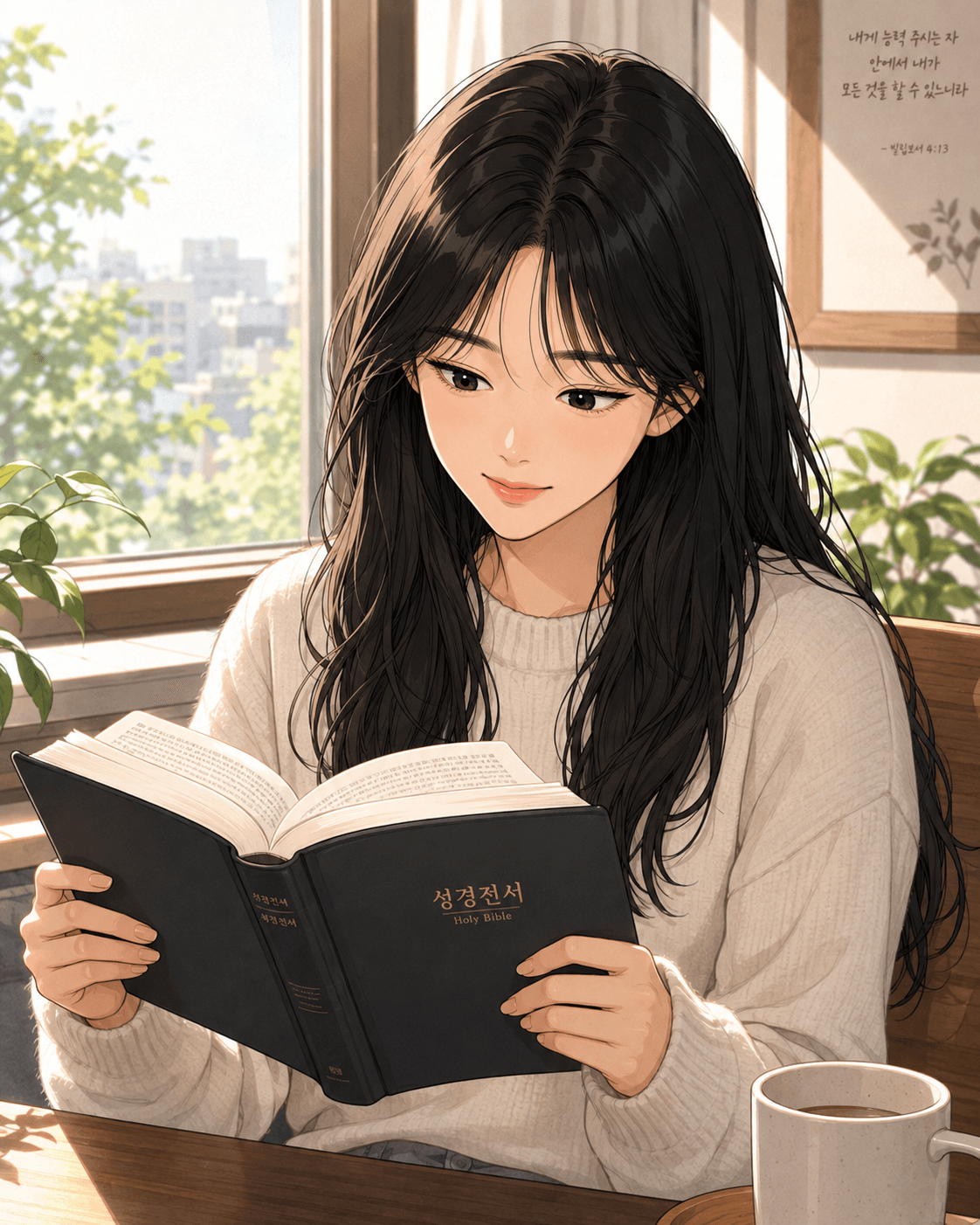 성경을 읽고 있는 젊은 여성의 모습, 따뜻한 자연광이 비추는 실내에서 집중하고 있는 모습. 성경책을 손에 들고 있으며, 커피잔이 테이블에 놓여 있음.