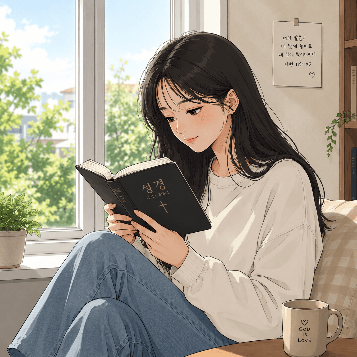 성경을 읽고 있는 여성의 모습, 창가에서 자연광을 받으며 집중하는 모습. 따뜻한 분위기의 실내와 함께 성경과 커피 컵이 있는 장면.