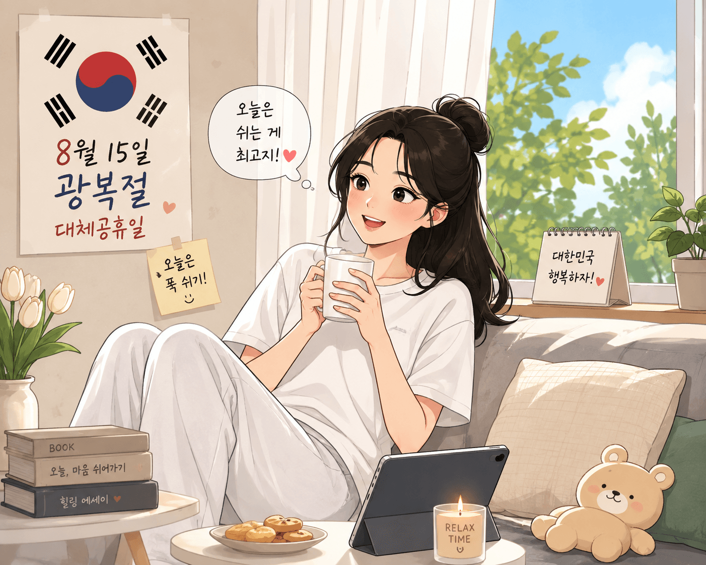 2026년 광복절 대체공휴일을 맞아 편안히 휴식을 취하는 여성의 모습. 배경에는 한국 국기와 관련된 장식, 책, 간식, 그리고 휴식 시간을 나타내는 요소들이 포함되어 있어 휴일의 분위기를 강조함.