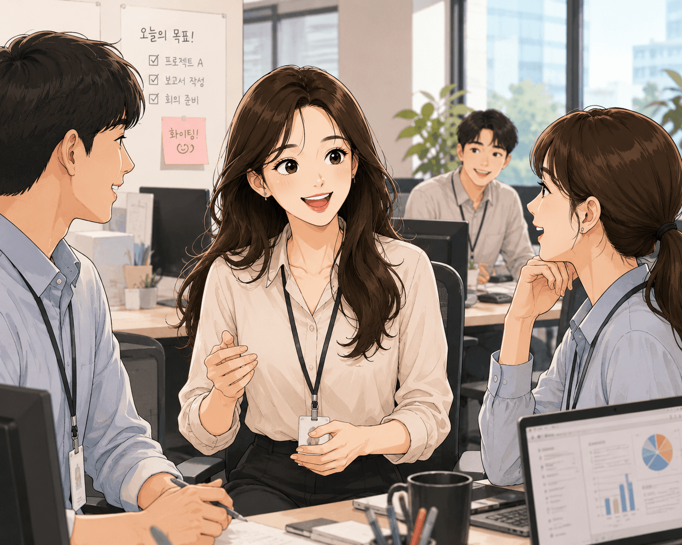 사무실에서 프로젝트에 대해 이야기하는 젊은 직장인들. 남성과 여성 직원들이 서로 소통하며 협력하는 모습이 담긴 이미지. 배경에는 업무 관련 자료와 차트가 있는 책상이 보인다.