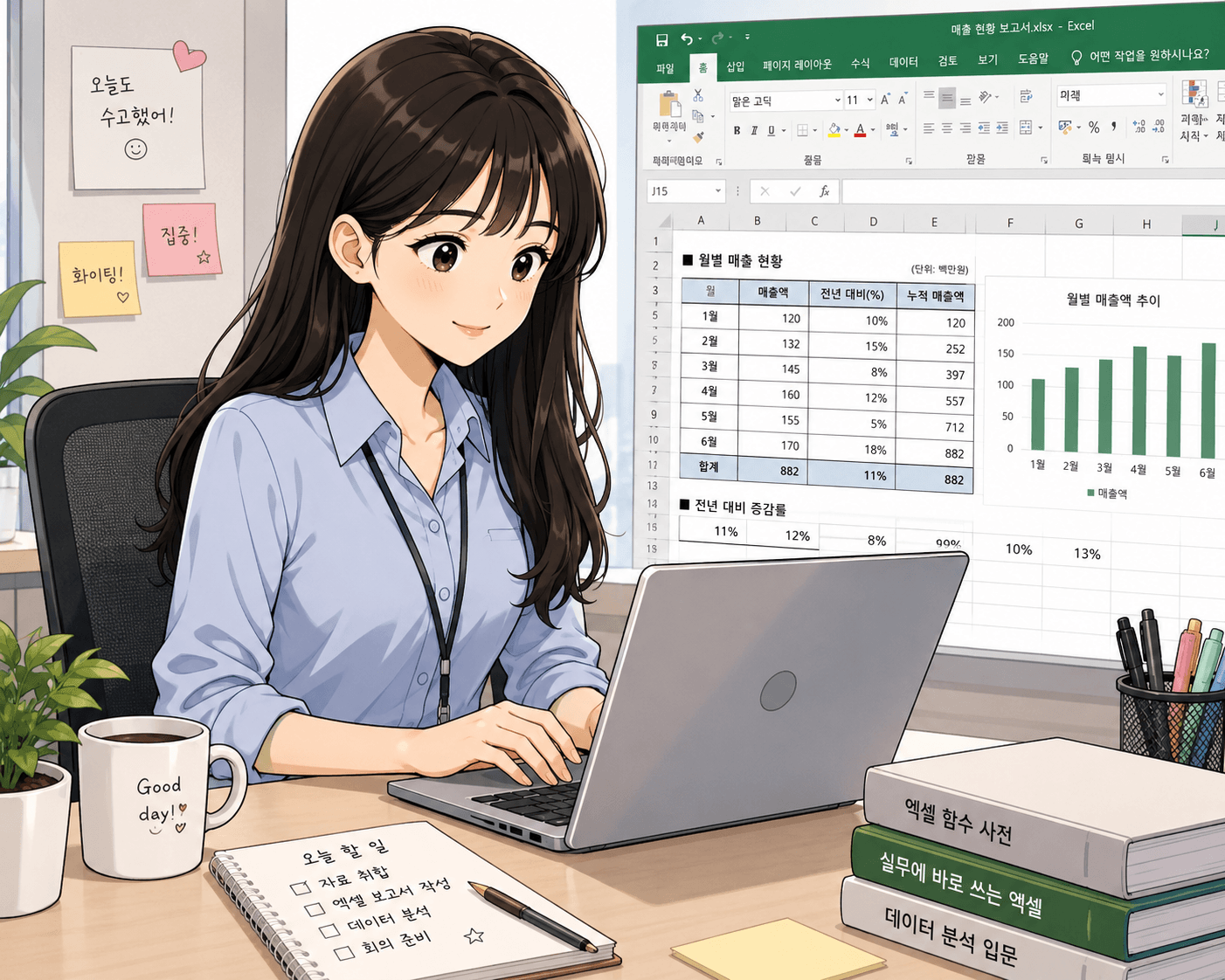 엑셀에서 PDF 파일의 표를 가져오는 방법을 배우고 있는 여성, 노트북과 함께 작업 중이며, 엑셀 화면에 매출 데이터가 표시되어 있음. 책상 위에는 커피컵과 체크리스트가 놓여 있음.